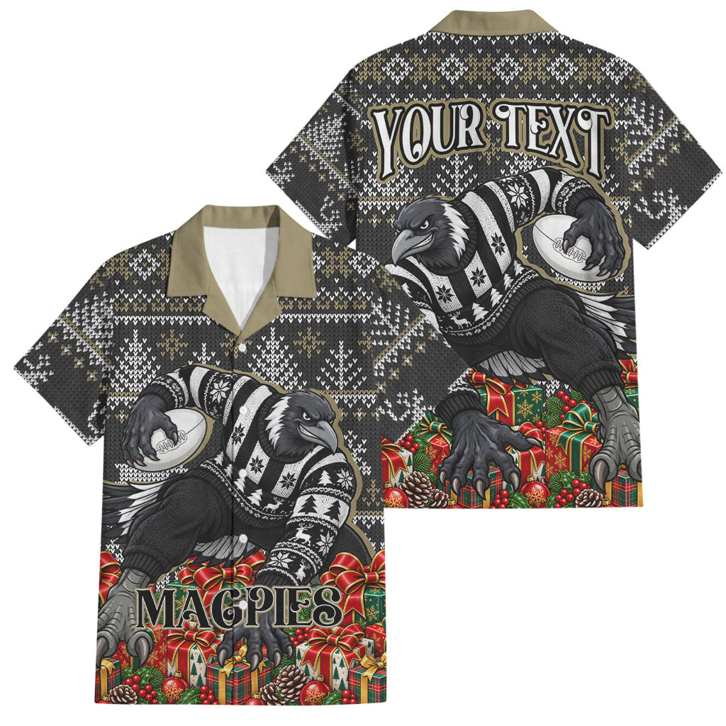 Personalized Magpies Football Christmas Family Matching Off The Shoulder Long Sleeve Dress and Hawaiian Shirt Australian Football Mascot - Ugly Xmas Pattern Festive