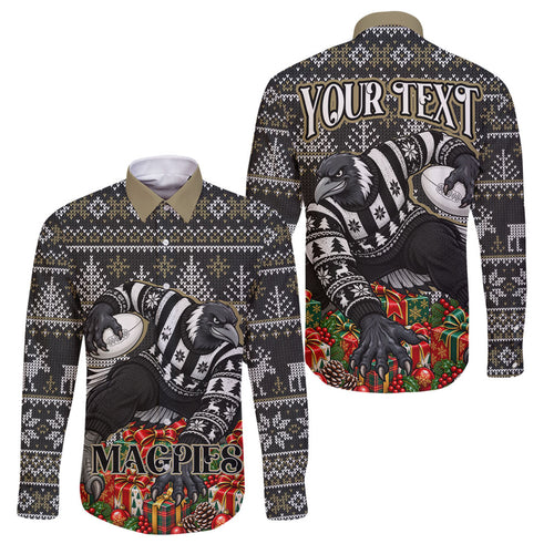 Personalized Magpies Football Christmas Family Matching Off The Shoulder Long Sleeve Dress and Hawaiian Shirt Australian Football Mascot - Ugly Xmas Pattern Festive