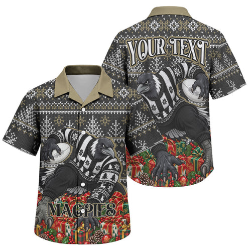 Personalized Magpies Football Christmas Family Matching Off The Shoulder Long Sleeve Dress and Hawaiian Shirt Australian Football Mascot - Ugly Xmas Pattern Festive