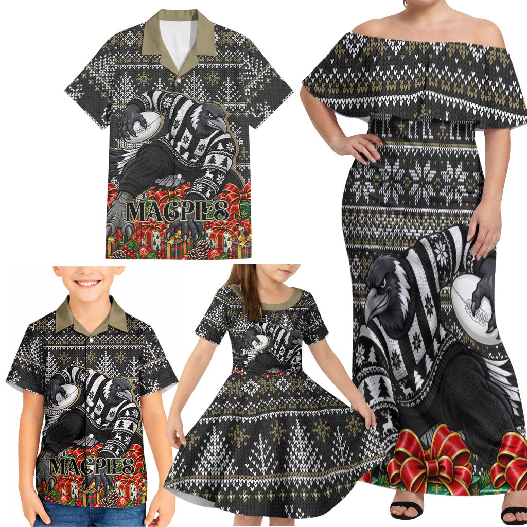 Personalized Magpies Football Christmas Family Matching Off Shoulder Maxi Dress and Hawaiian Shirt Australian Football Mascot - Ugly Xmas Pattern Festive