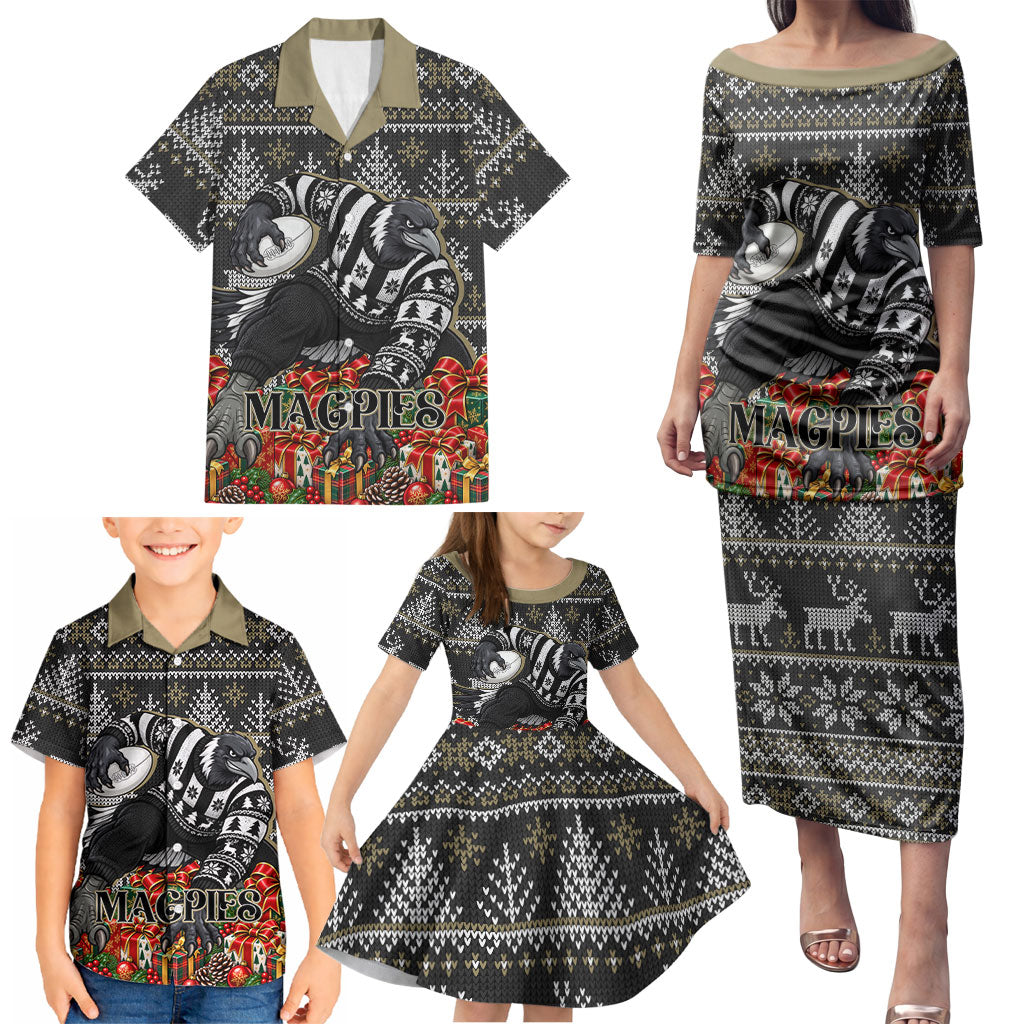 Personalized Magpies Football Christmas Family Matching Puletasi and Hawaiian Shirt Australian Football Mascot - Ugly Xmas Pattern Festive