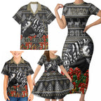 Personalized Magpies Football Christmas Family Matching Short Sleeve Bodycon Dress and Hawaiian Shirt Australian Football Mascot - Ugly Xmas Pattern Festive