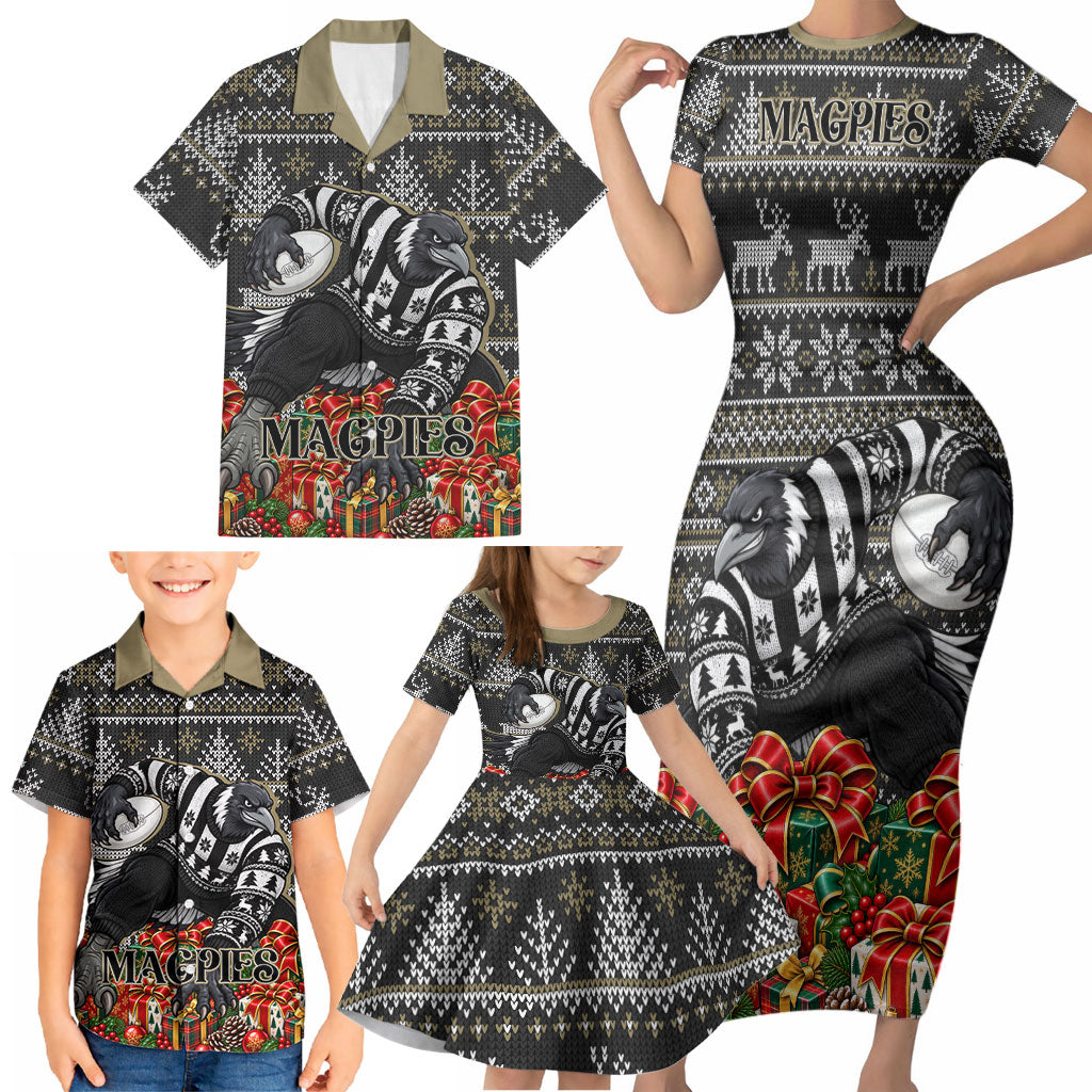 Personalized Magpies Football Christmas Family Matching Short Sleeve Bodycon Dress and Hawaiian Shirt Australian Football Mascot - Ugly Xmas Pattern Festive