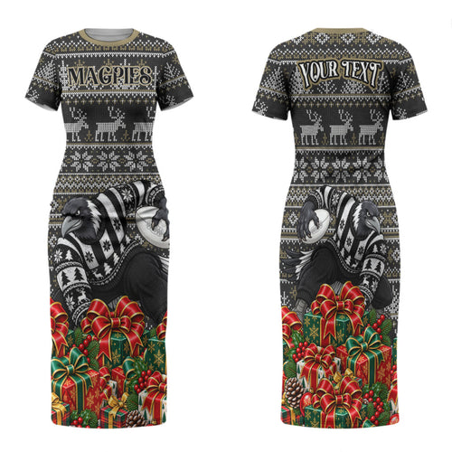 Personalized Magpies Football Christmas Family Matching Short Sleeve Bodycon Dress and Hawaiian Shirt Australian Football Mascot - Ugly Xmas Pattern Festive