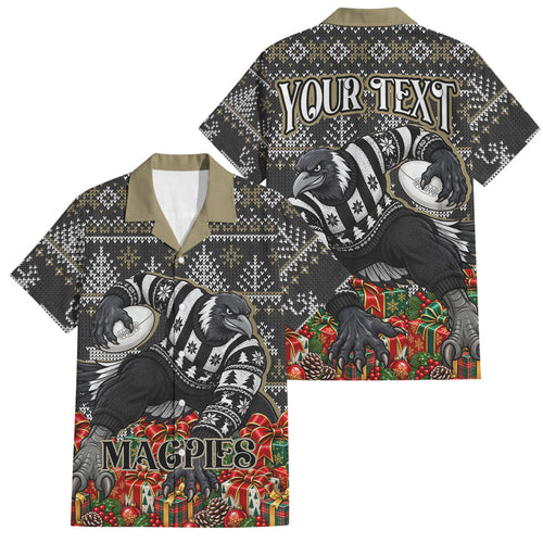 Personalized Magpies Football Christmas Family Matching Short Sleeve Bodycon Dress and Hawaiian Shirt Australian Football Mascot - Ugly Xmas Pattern Festive