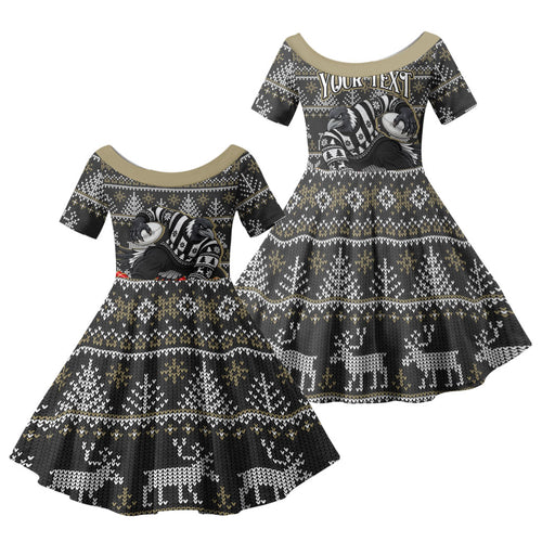 Personalized Magpies Football Christmas Family Matching Short Sleeve Bodycon Dress and Hawaiian Shirt Australian Football Mascot - Ugly Xmas Pattern Festive