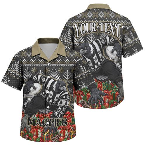 Personalized Magpies Football Christmas Family Matching Short Sleeve Bodycon Dress and Hawaiian Shirt Australian Football Mascot - Ugly Xmas Pattern Festive