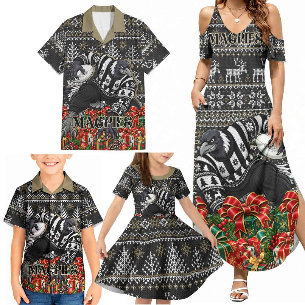 Personalized Magpies Football Christmas Family Matching Summer Maxi Dress and Hawaiian Shirt Australian Football Mascot - Ugly Xmas Pattern Festive
