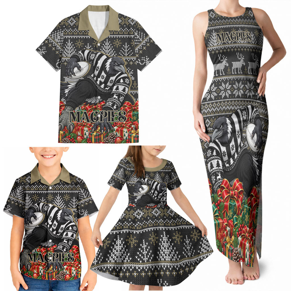 Personalized Magpies Football Christmas Family Matching Tank Maxi Dress and Hawaiian Shirt Australian Football Mascot - Ugly Xmas Pattern Festive