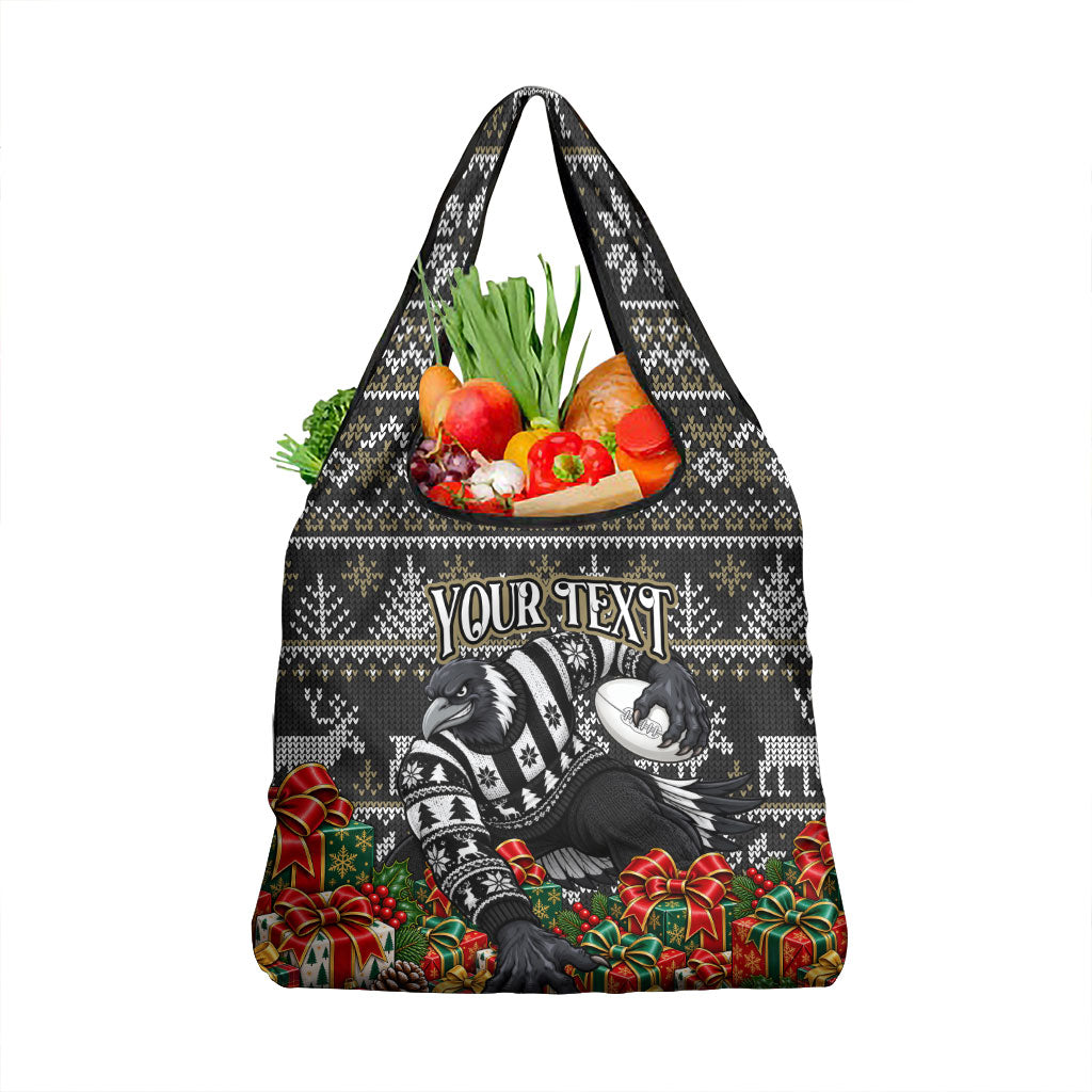 Personalized Magpies Football Christmas Grocery Bag Australian Football Mascot - Ugly Xmas Pattern Festive