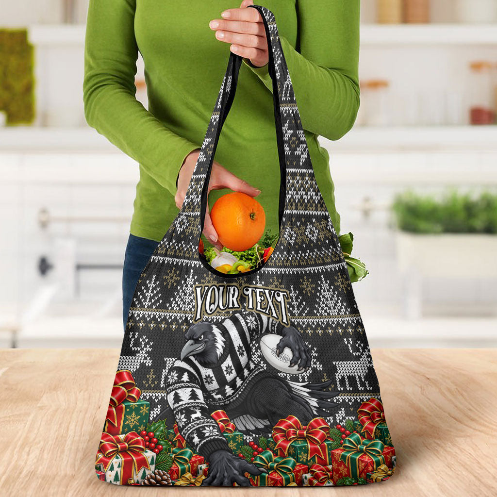 Personalized Magpies Football Christmas Grocery Bag Australian Football Mascot - Ugly Xmas Pattern Festive