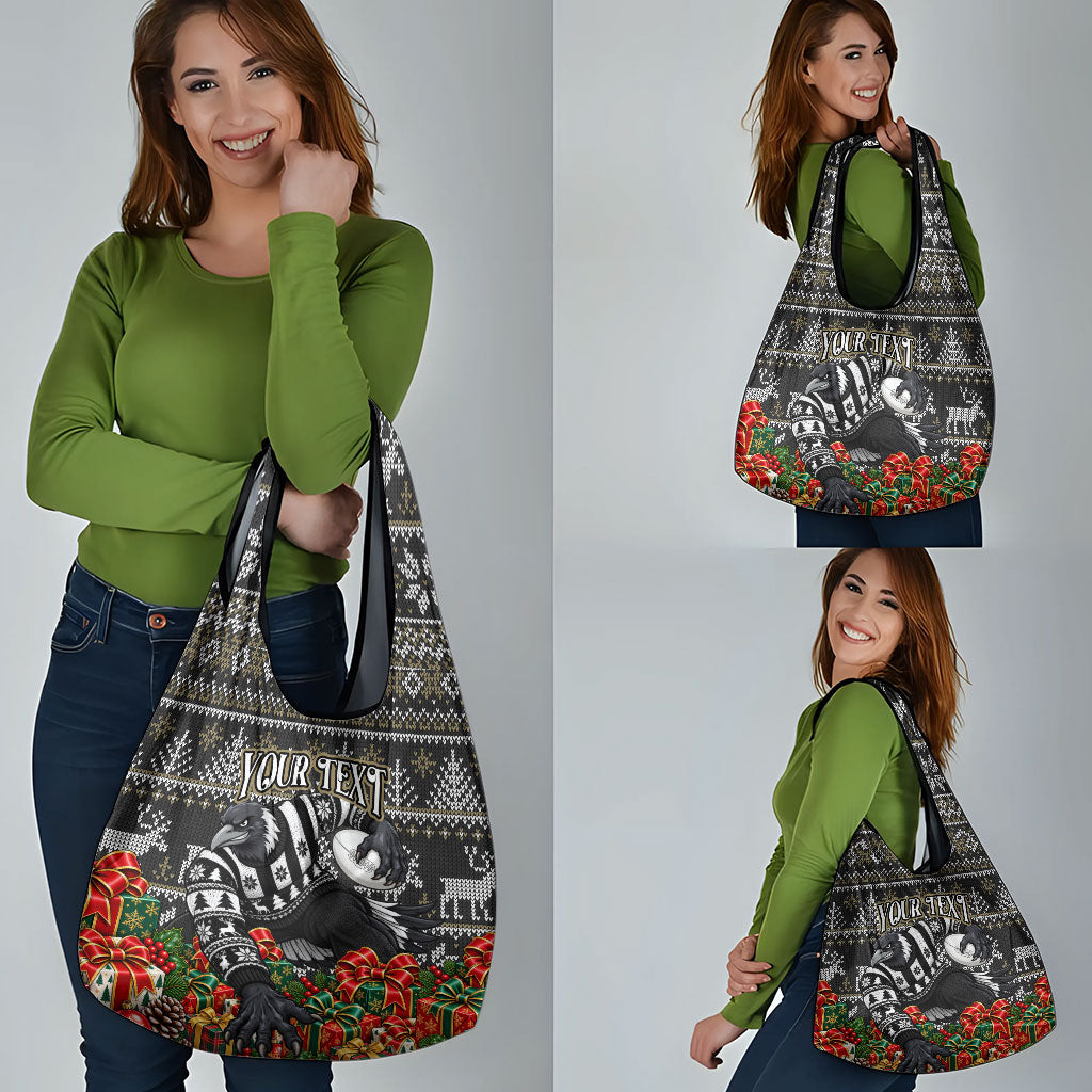 Personalized Magpies Football Christmas Grocery Bag Australian Football Mascot - Ugly Xmas Pattern Festive