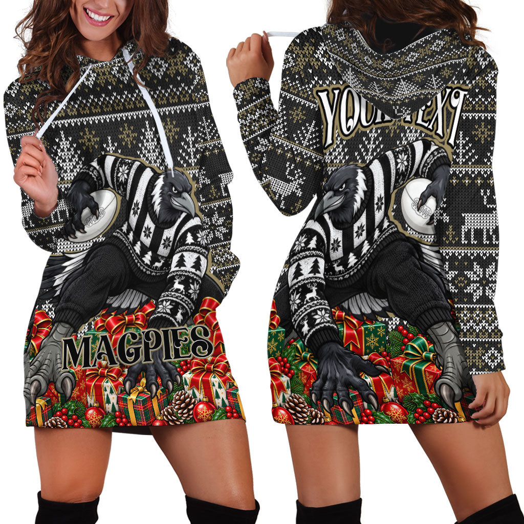 Personalized Magpies Football Christmas Hoodie Dress Australian Football Mascot - Ugly Xmas Pattern Festive