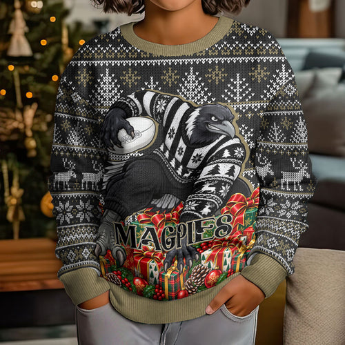 Personalized Magpies Football Christmas Kid Ugly Christmas Sweater Australian Football Mascot - Ugly Xmas Pattern Festive