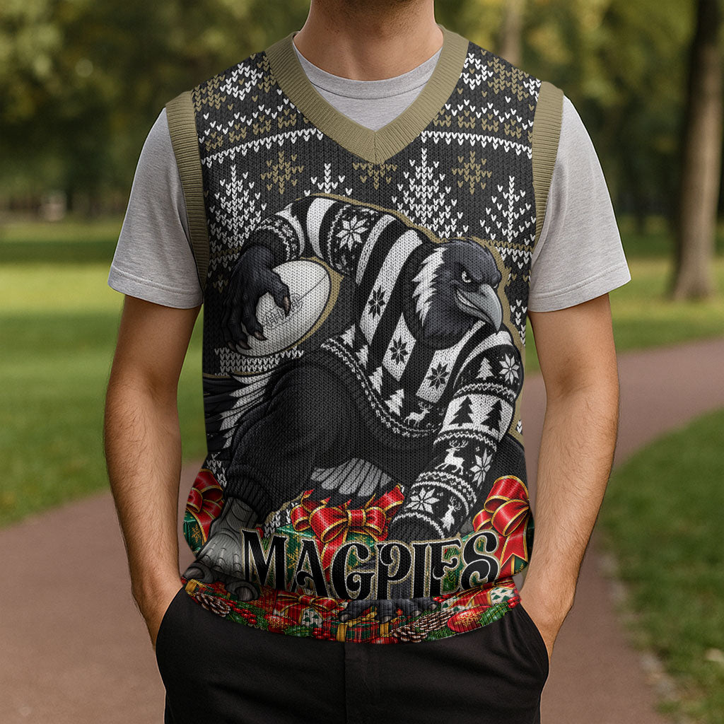 Personalized Magpies Football Christmas Knitted V-Neck Vest Australian Football Mascot - Ugly Xmas Pattern Festive