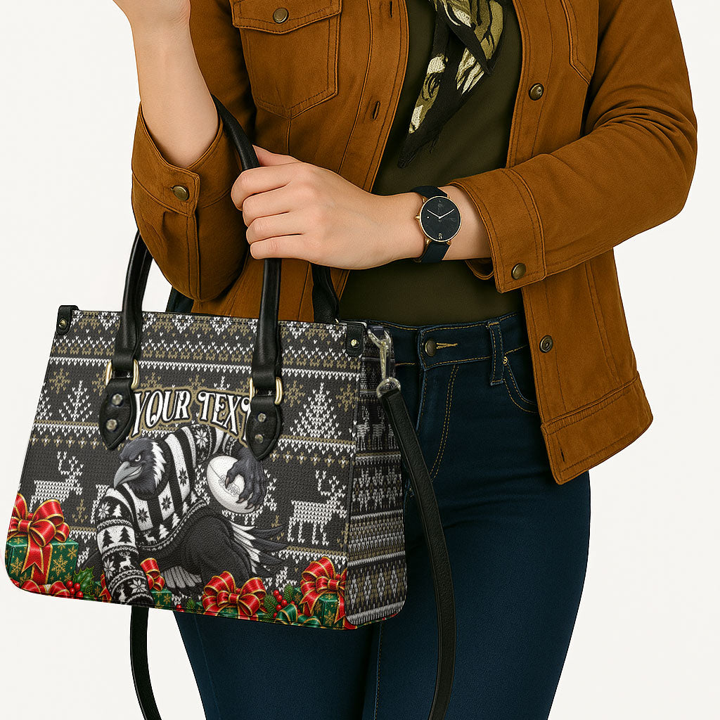 Personalized Magpies Football Christmas Leather Bag Australian Football Mascot - Ugly Xmas Pattern Festive