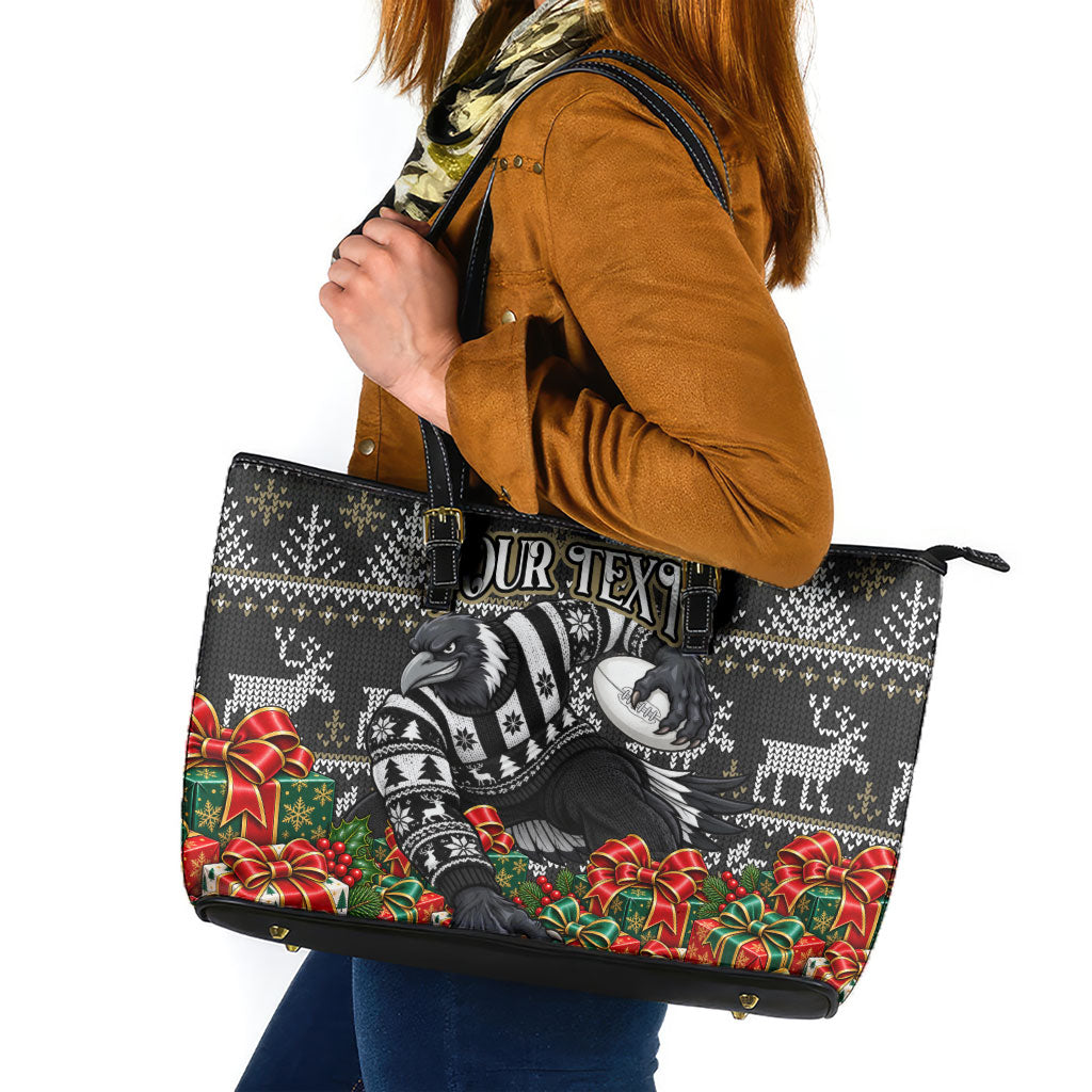Personalized Magpies Football Christmas Leather Tote Bag Australian Football Mascot - Ugly Xmas Pattern Festive