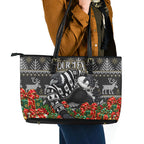 Personalized Magpies Football Christmas Leather Tote Bag Australian Football Mascot - Ugly Xmas Pattern Festive