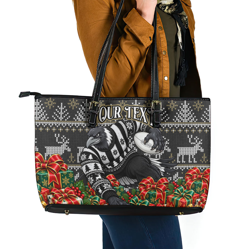 Personalized Magpies Football Christmas Leather Tote Bag Australian Football Mascot - Ugly Xmas Pattern Festive