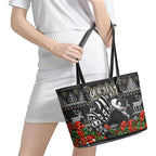 Personalized Magpies Football Christmas Leather Tote Bag Australian Football Mascot - Ugly Xmas Pattern Festive