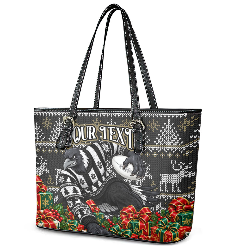 Personalized Magpies Football Christmas Leather Tote Bag Australian Football Mascot - Ugly Xmas Pattern Festive