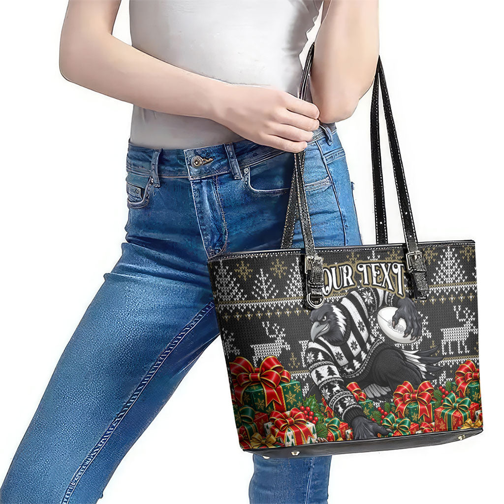 Personalized Magpies Football Christmas Leather Tote Bag Australian Football Mascot - Ugly Xmas Pattern Festive