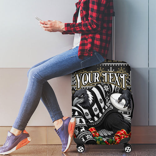 Personalized Magpies Football Christmas Luggage Cover Australian Football Mascot - Ugly Xmas Pattern Festive