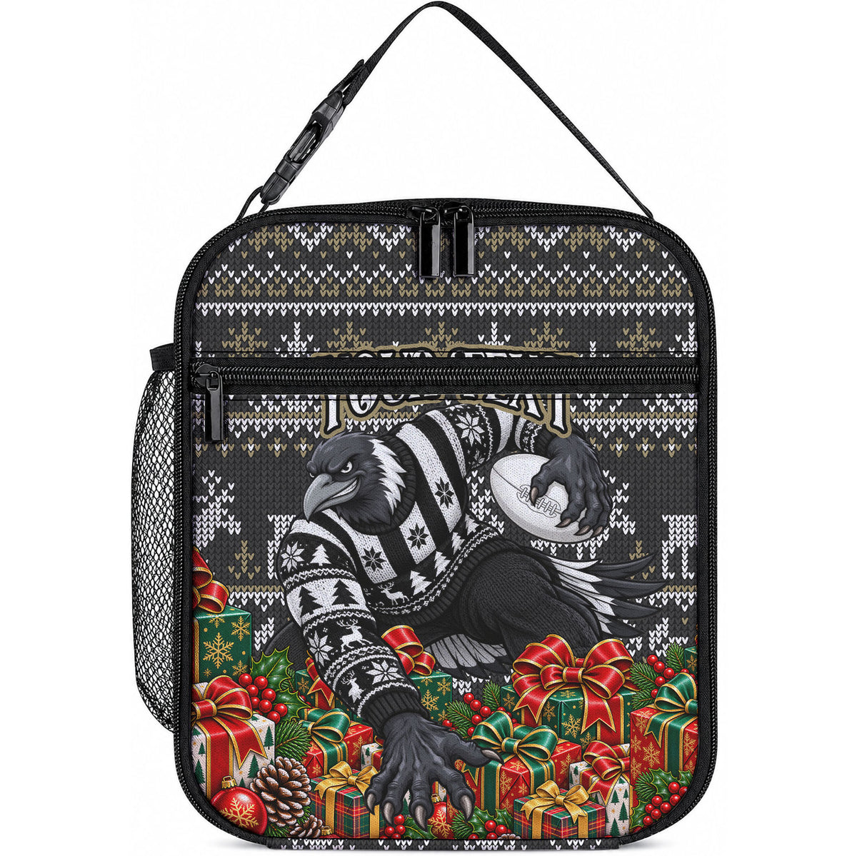 Personalized Magpies Football Christmas Lunch Bag Australian Football Mascot - Ugly Xmas Pattern Festive