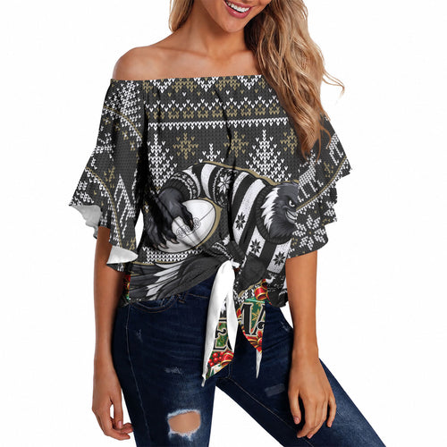 Personalized Magpies Football Christmas Off Shoulder Wrap Waist Top Australian Football Mascot - Ugly Xmas Pattern Festive