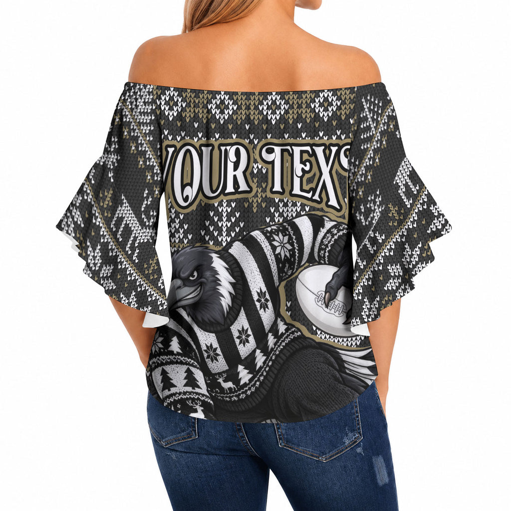 Personalized Magpies Football Christmas Off Shoulder Wrap Waist Top Australian Football Mascot - Ugly Xmas Pattern Festive