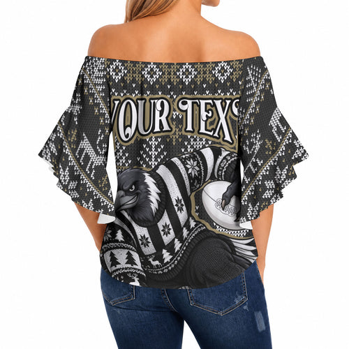 Personalized Magpies Football Christmas Off Shoulder Wrap Waist Top Australian Football Mascot - Ugly Xmas Pattern Festive