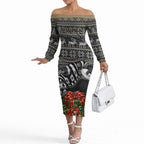 Personalized Magpies Football Christmas Off The Shoulder Long Sleeve Dress Australian Football Mascot - Ugly Xmas Pattern Festive
