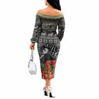 Personalized Magpies Football Christmas Off The Shoulder Long Sleeve Dress Australian Football Mascot - Ugly Xmas Pattern Festive