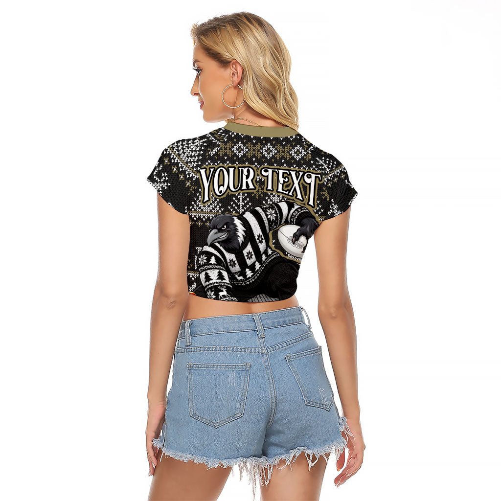 Personalized Magpies Football Christmas Raglan Cropped T Shirt Australian Football Mascot - Ugly Xmas Pattern Festive