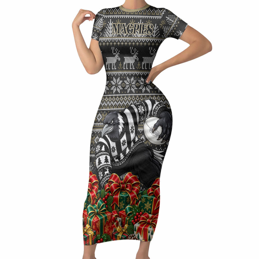 Personalized Magpies Football Christmas Short Sleeve Bodycon Dress Australian Football Mascot - Ugly Xmas Pattern Festive