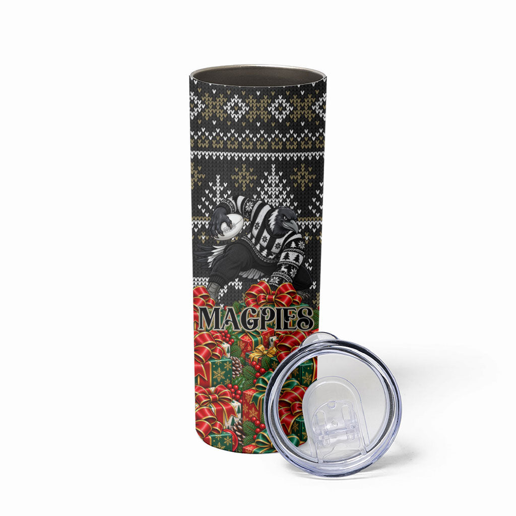 Personalized Magpies Football Christmas Skinny Tumbler Australian Football Mascot - Ugly Xmas Pattern Festive