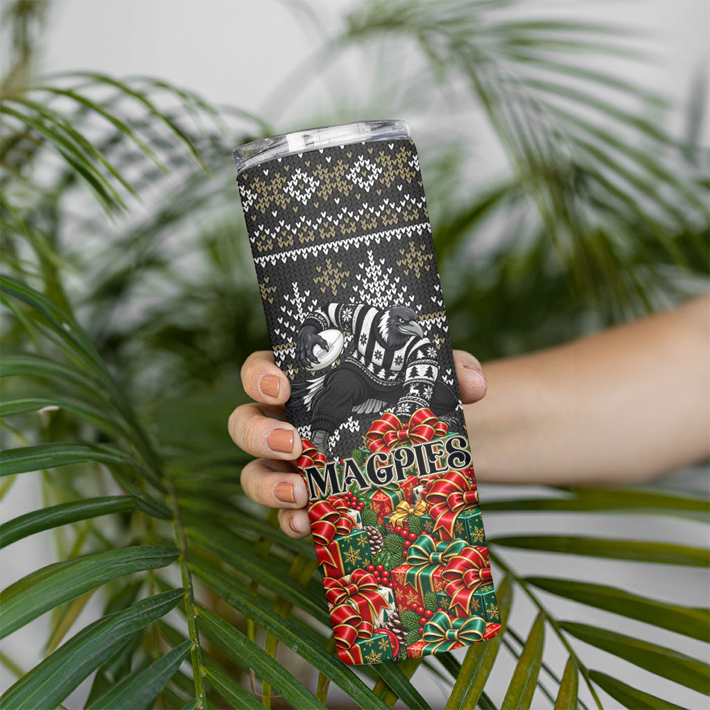 Personalized Magpies Football Christmas Skinny Tumbler Australian Football Mascot - Ugly Xmas Pattern Festive