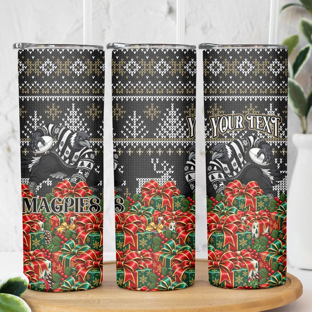 Personalized Magpies Football Christmas Skinny Tumbler Australian Football Mascot - Ugly Xmas Pattern Festive
