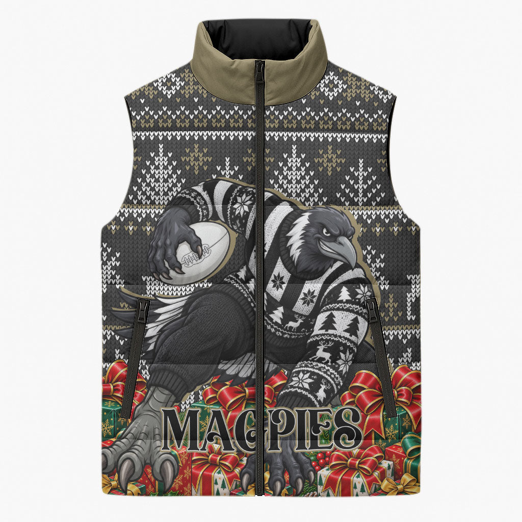 Personalized Magpies Football Christmas Sleeveless Puffer Jacket Australian Football Mascot - Ugly Xmas Pattern Festive