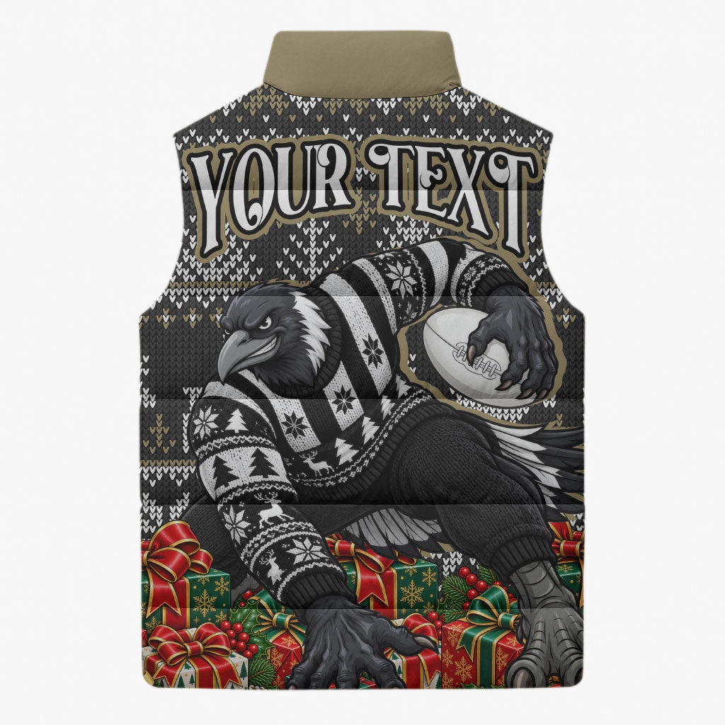 Personalized Magpies Football Christmas Sleeveless Puffer Jacket Australian Football Mascot - Ugly Xmas Pattern Festive