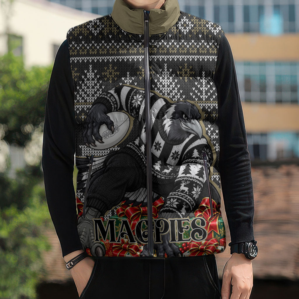 Personalized Magpies Football Christmas Sleeveless Puffer Jacket Australian Football Mascot - Ugly Xmas Pattern Festive