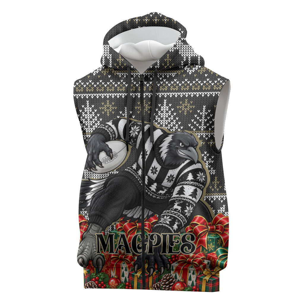 Personalized Magpies Football Christmas Sleeveless Zip Hoodie Australian Football Mascot - Ugly Xmas Pattern Festive