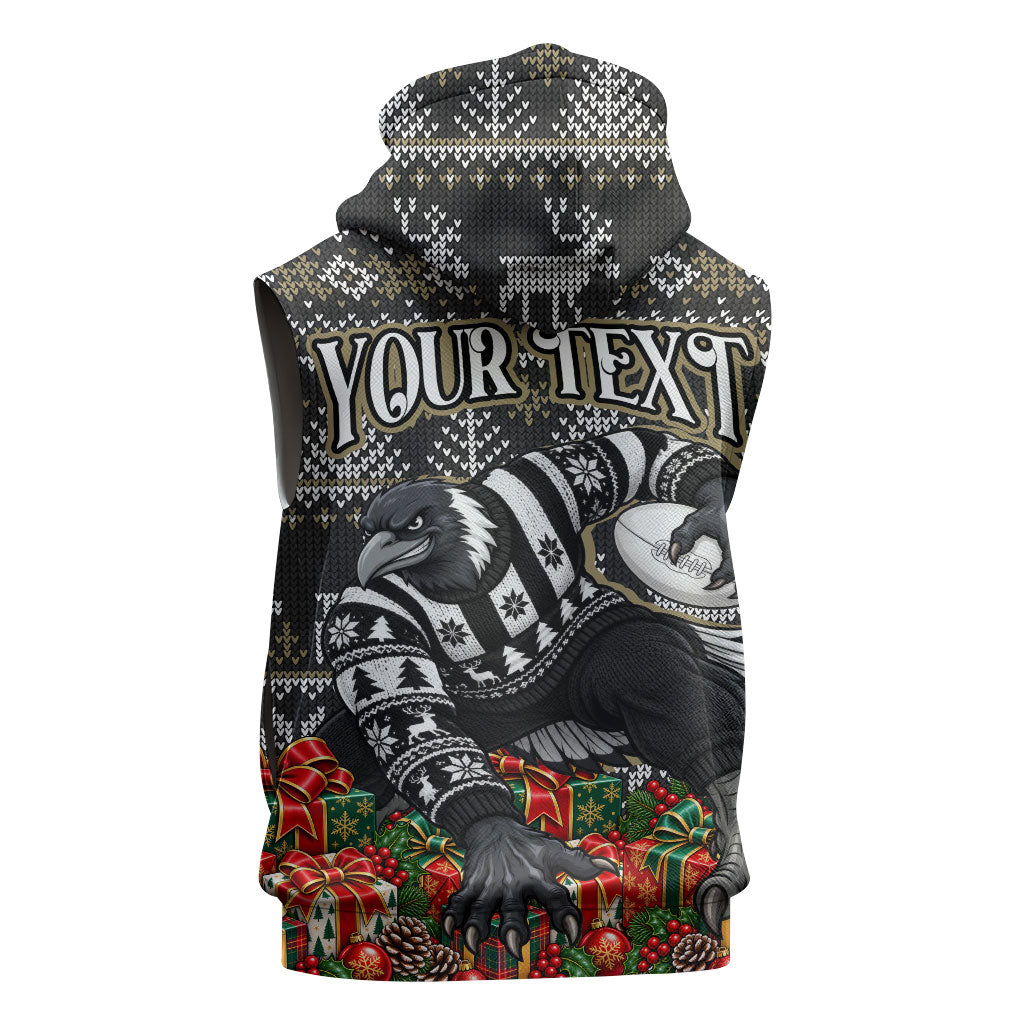 Personalized Magpies Football Christmas Sleeveless Zip Hoodie Australian Football Mascot - Ugly Xmas Pattern Festive