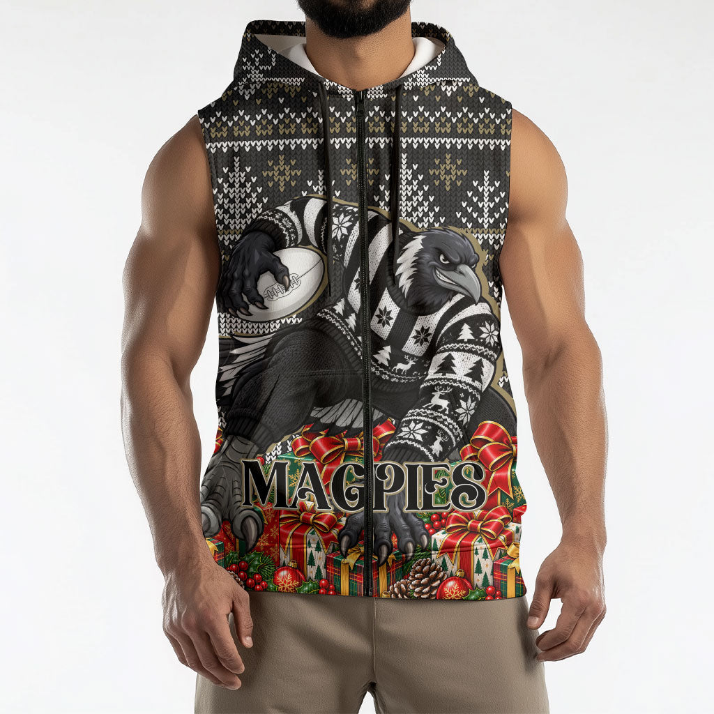 Personalized Magpies Football Christmas Sleeveless Zip Hoodie Australian Football Mascot - Ugly Xmas Pattern Festive