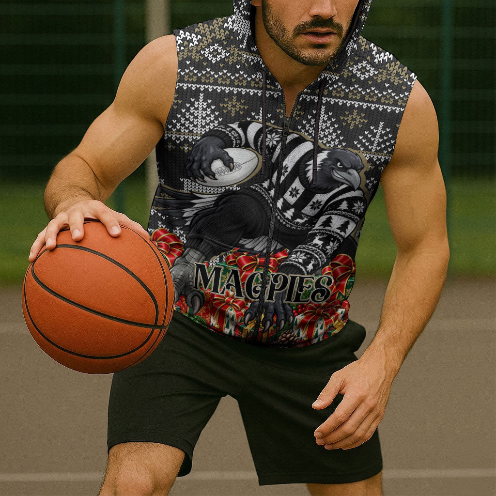 Personalized Magpies Football Christmas Sleeveless Zip Hoodie Australian Football Mascot - Ugly Xmas Pattern Festive