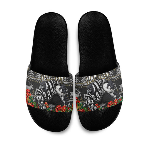 Personalized Magpies Football Christmas Slide Sandals Australian Football Mascot - Ugly Xmas Pattern Festive