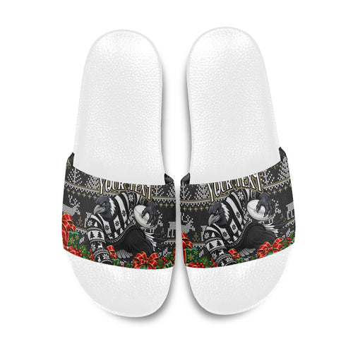 Personalized Magpies Football Christmas Slide Sandals Australian Football Mascot - Ugly Xmas Pattern Festive