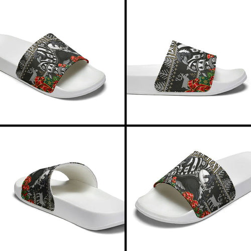 Personalized Magpies Football Christmas Slide Sandals Australian Football Mascot - Ugly Xmas Pattern Festive