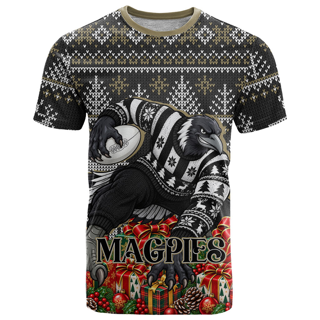Personalized Magpies Football Christmas T Shirt Australian Football Mascot - Ugly Xmas Pattern Festive