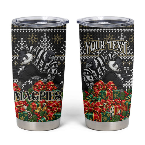 Personalized Magpies Football Christmas Tumbler Cup Australian Football Mascot - Ugly Xmas Pattern Festive